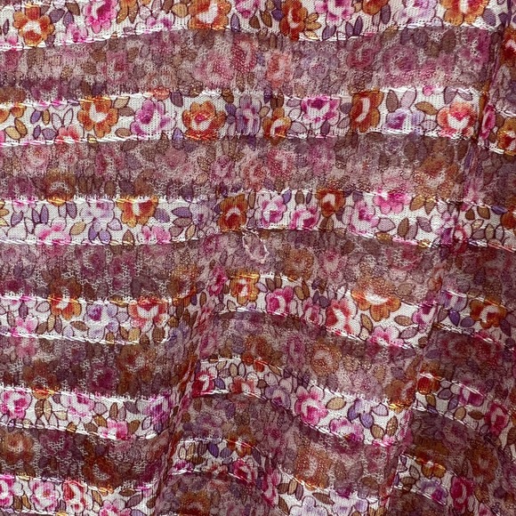 Vintage 80s Dress Womens Small Pink Sheer Striped 3/4 Sleeve Midi Tiny Floral - Picture 13 of 16